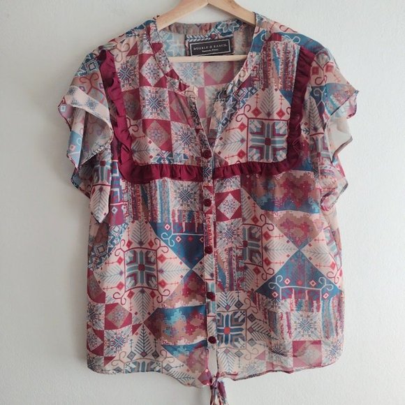 Double D Ranch Prairie Patch Western Blouse XL Bohemian Flutter Sleeve Top - Picture 2 of 12